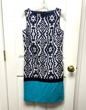 Anne Klein Dress Blue Pattern Sleeveless Shift Cotton Lined Women’s Size 4